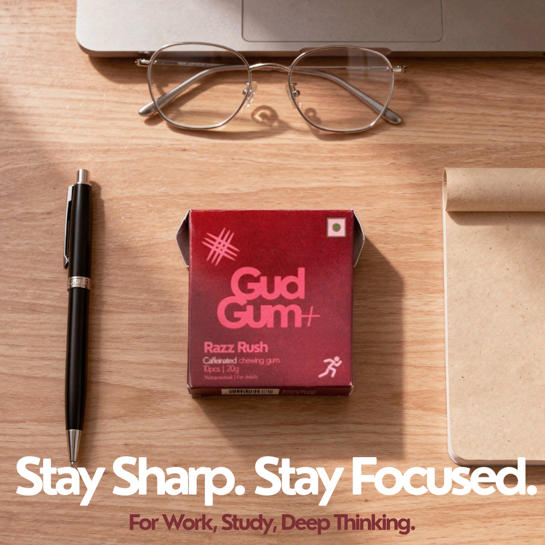 Gud Gum+ Energy & Focus Gums- Trial Bundle (Contains Natural Caffeine)- Pack of 4 (40 chewing gums)