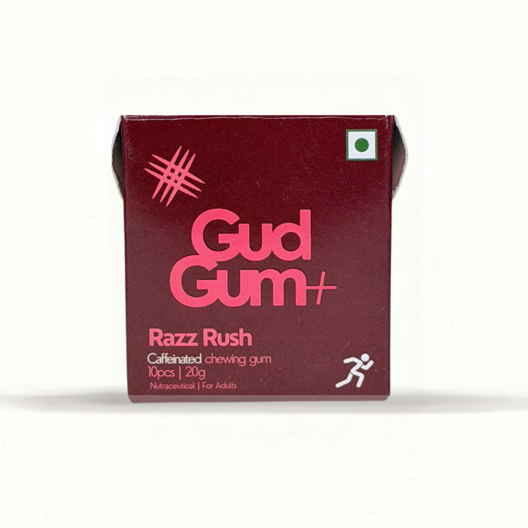 Gud Gum+ Razz Rush - Energy & Focus Chewing Gum (Contains Natural Caffeine)