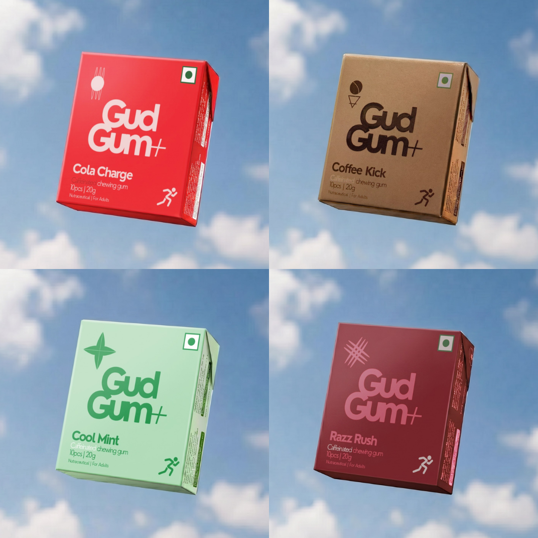 Gud Gum+ Energy & Focus Gums- Trial Bundle (Contains Natural Caffeine)- Pack of 4 (40 chewing gums)
