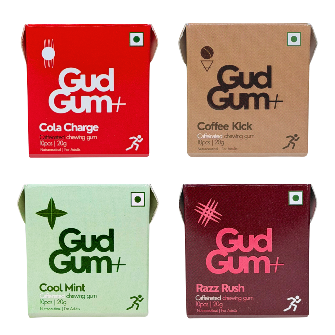 Gud Gum+ Energy & Focus Gums- Trial Bundle (Contains Natural Caffeine)- Pack of 4 (40 chewing gums)