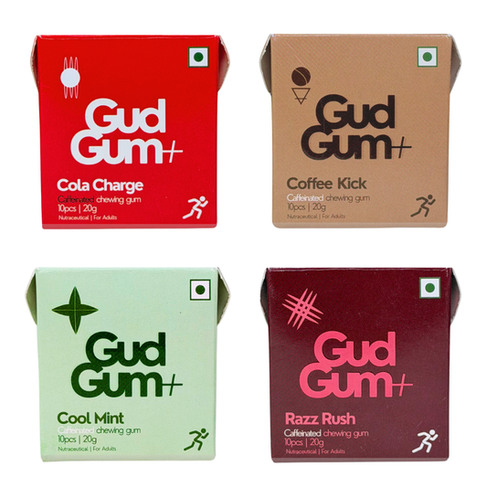 Gud Gum+ Energy & Focus Gums- Trial Bundle (Contains Natural Caffeine)- Pack of 4 (40 chewing gums)