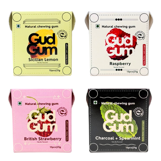 Gud Gum Mini Pack- Fruit & Mint Chewing Gum- Pack of 4 (60 chewing gums)