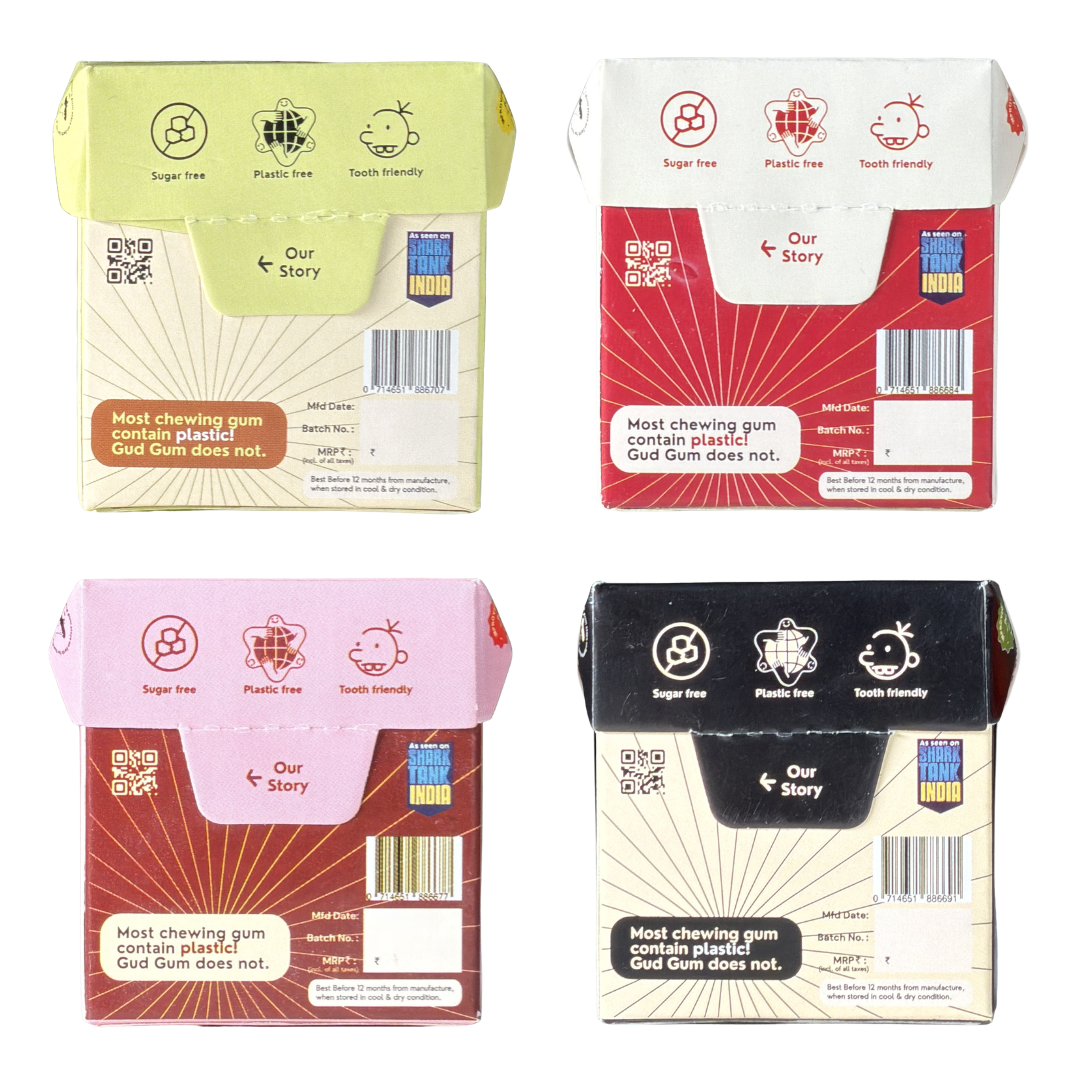 Gud Gum Mini Pack- Fruit & Mint Chewing Gum- Pack of 4 (60 chewing gums)