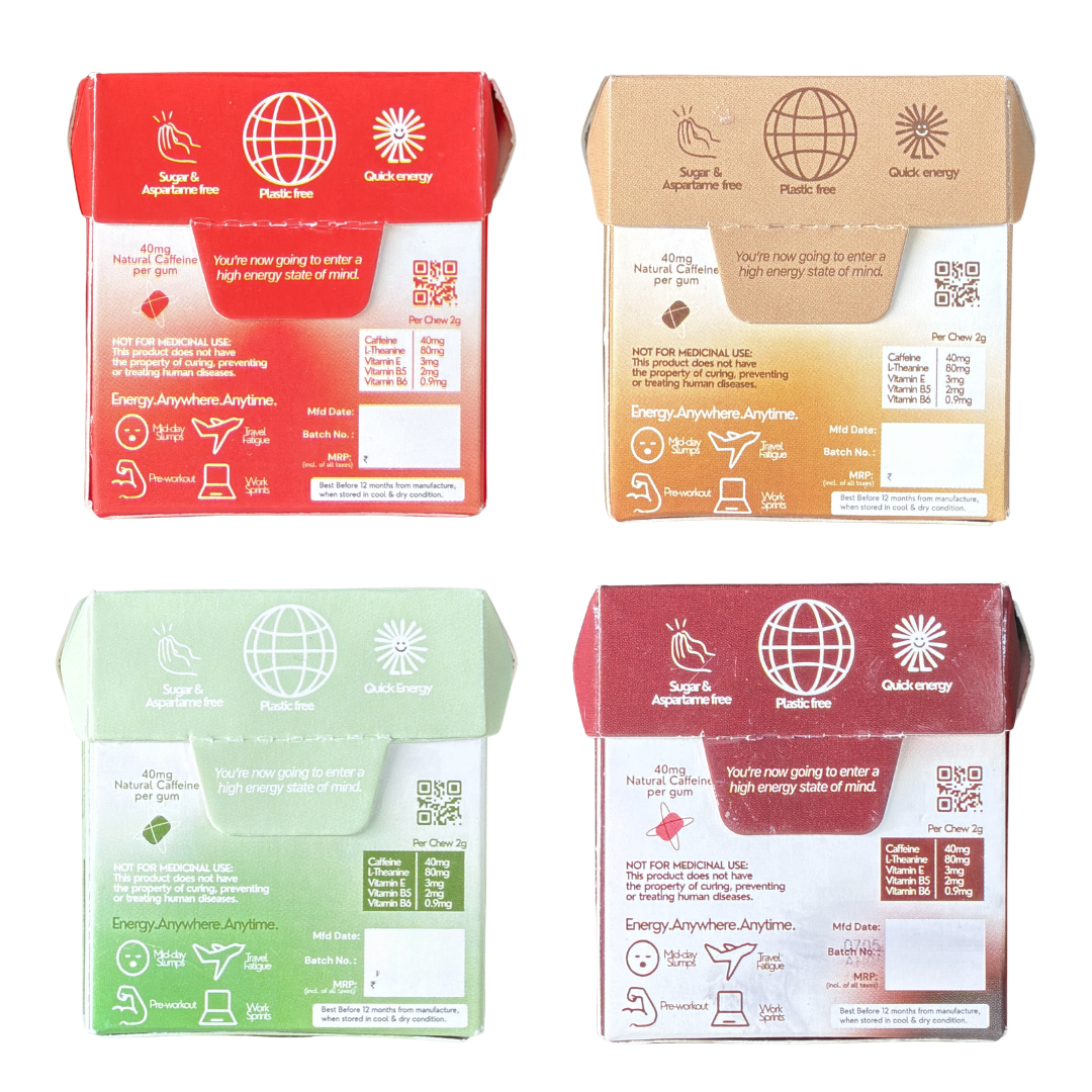 Gud Gum+ Energy & Focus Gums- Trial Bundle (Contains Natural Caffeine)- Pack of 4 (40 chewing gums)