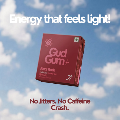Gud Gum+ Razz Rush - Energy & Focus Chewing Gum (Contains Natural Caffeine)