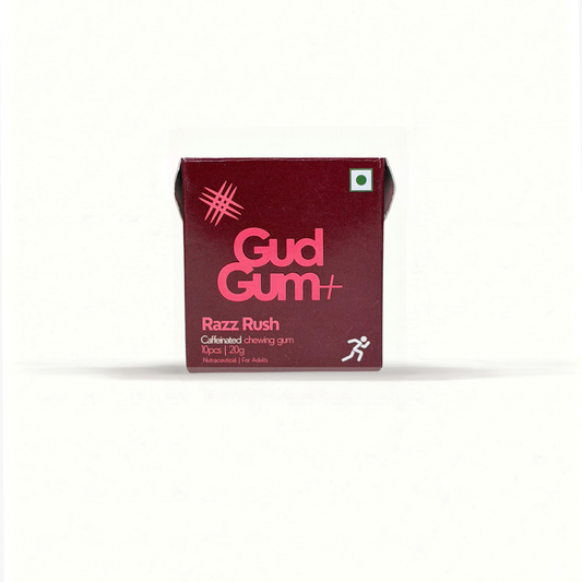 Gud Gum+ Razz Rush - Energy & Focus Chewing Gum (Contains Natural Caffeine)