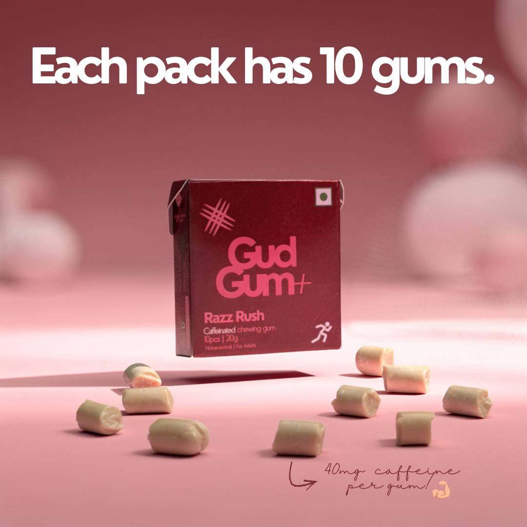 Gud Gum+ Razz Rush - Energy & Focus Chewing Gum (Contains Natural Caffeine)