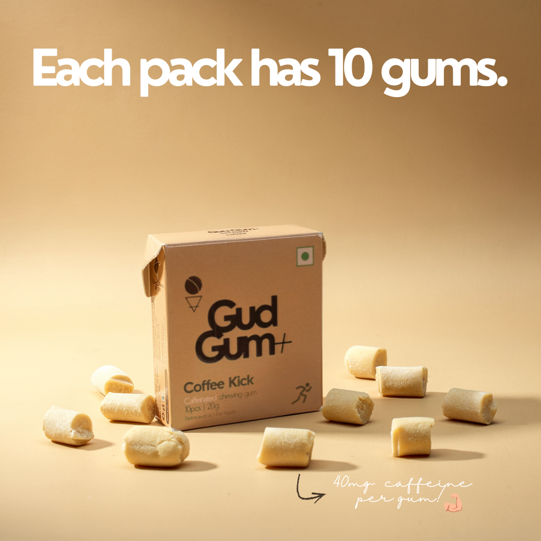 Gud Gum+ Energy & Focus Gums- Trial Bundle (Contains Natural Caffeine)- Pack of 4 (40 chewing gums)