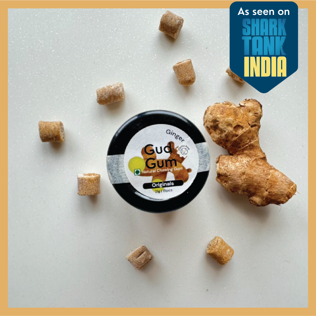 Ginger Chewing Gum - Plastic Free, Sugar Free, Natural, Biodegradable, Vegan Chewing Gums | No added colours and flavours- Gud Gum Originals (15 pieces per pack)- 21g