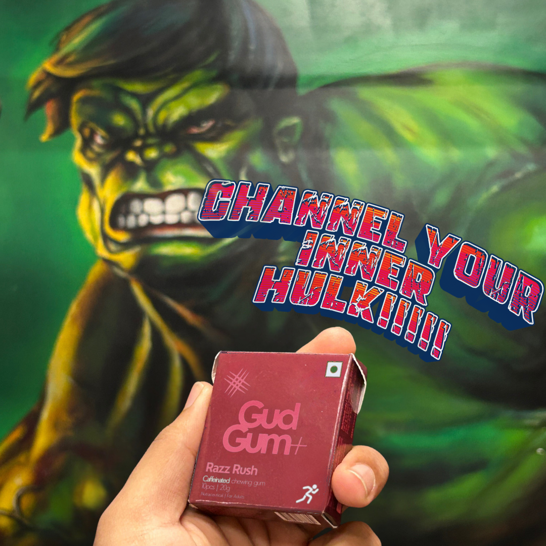 Gud Gum+ Razz Rush - Energy & Focus Chewing Gum (Contains Natural Caffeine)