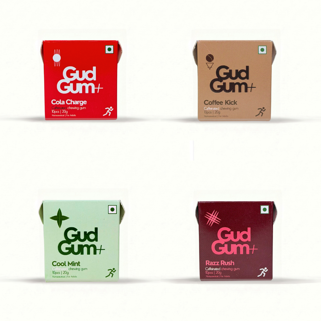 Gud Gum+ Energy & Focus Gums- Trial Bundle (Contains Natural Caffeine)- Pack of 4 (40 chewing gums)