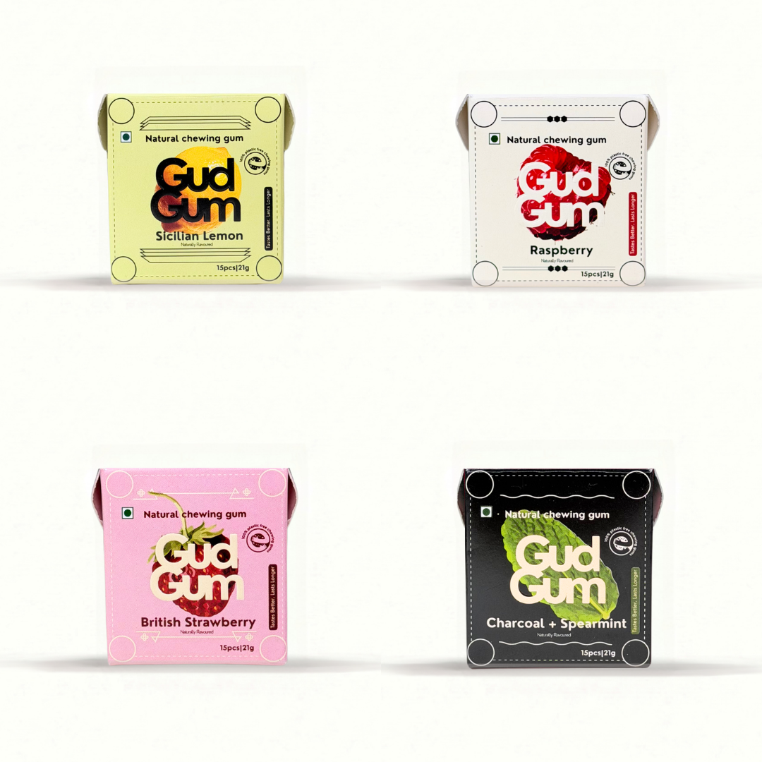 Gud Gum Mini Pack- Fruit & Mint Chewing Gum- Pack of 4 (60 chewing gums)