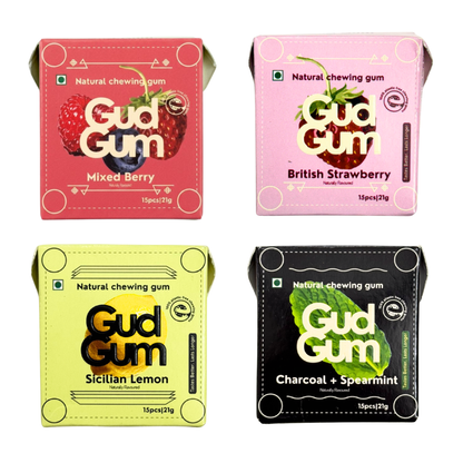 Gud Gum Mini Pack- Fruit & Mint Chewing Gum- Pack of 4 (60 chewing gums)