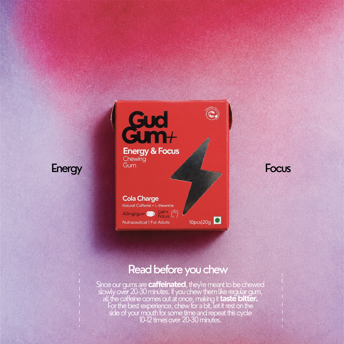 Gud Gum+ Energy & Focus Gums - Contains Natural Caffeine - (10 chewing gums per pack)