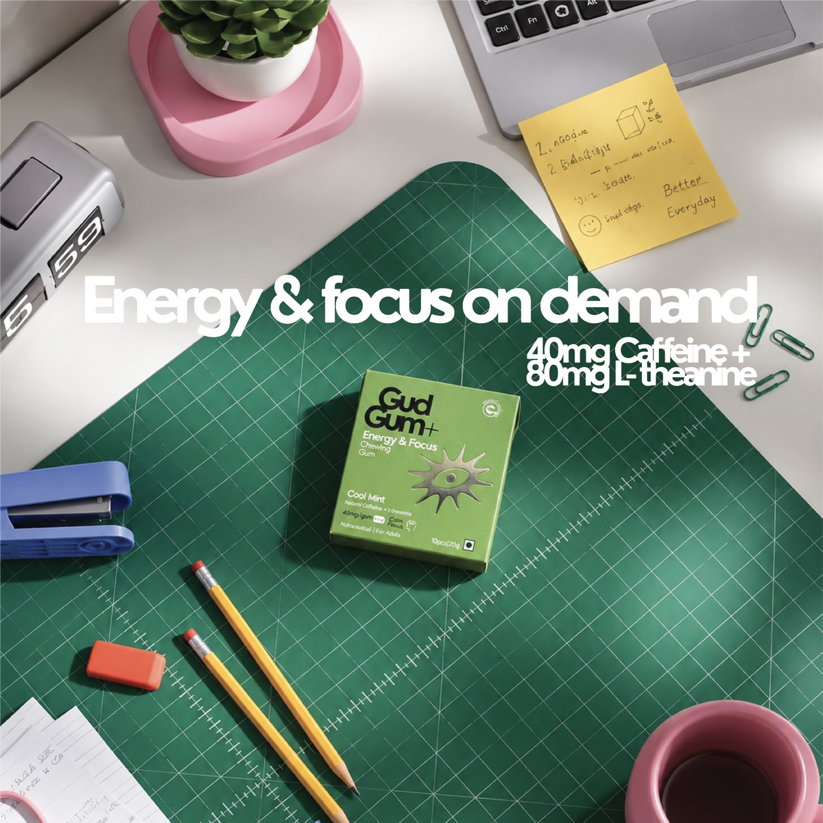 Gud Gum+ Cool Mint - Energy & Focus Chewing Gum (Contains Natural Caffeine)