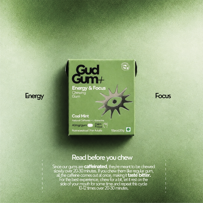 Gud Gum+ Cool Mint - Energy & Focus Chewing Gum (Contains Natural Caffeine)