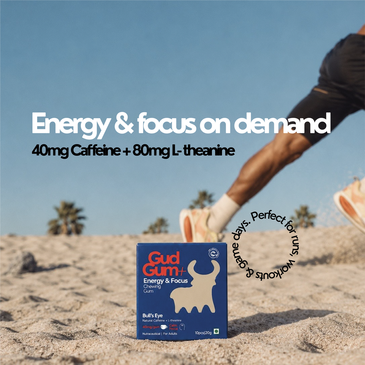 Gud Gum+ Energy & Focus Gums - Contains Natural Caffeine - (10 chewing gums per pack)